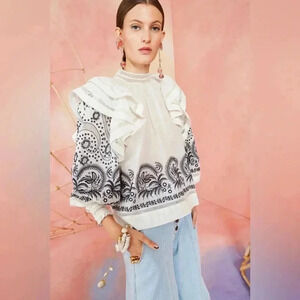 Ulla Johnson Annetta Cotton Ruffle Blouse Long Sleeve Embroidered Boho Peasant 2